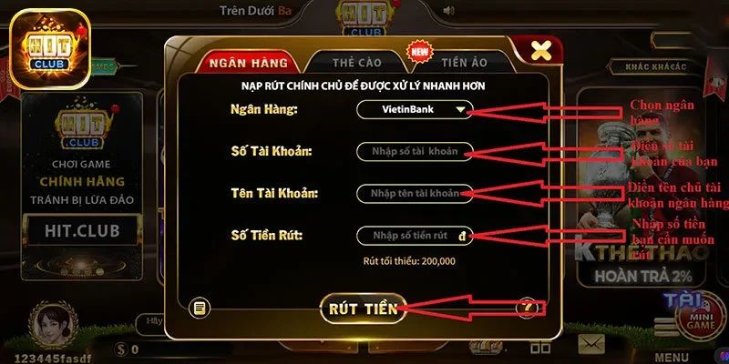 Thao tác rút tiền Hitclub